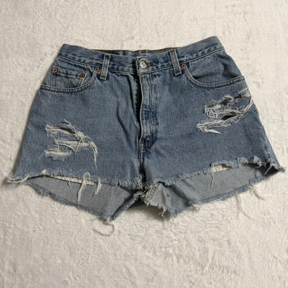 Levi's 550 Denim Shorts Women 8 Blue Distressed High Rise Raw Hem Cut Off Summer